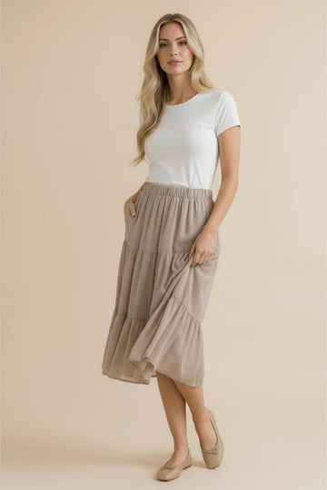 Elastic Waist Tiered Midi Skirt with Lining