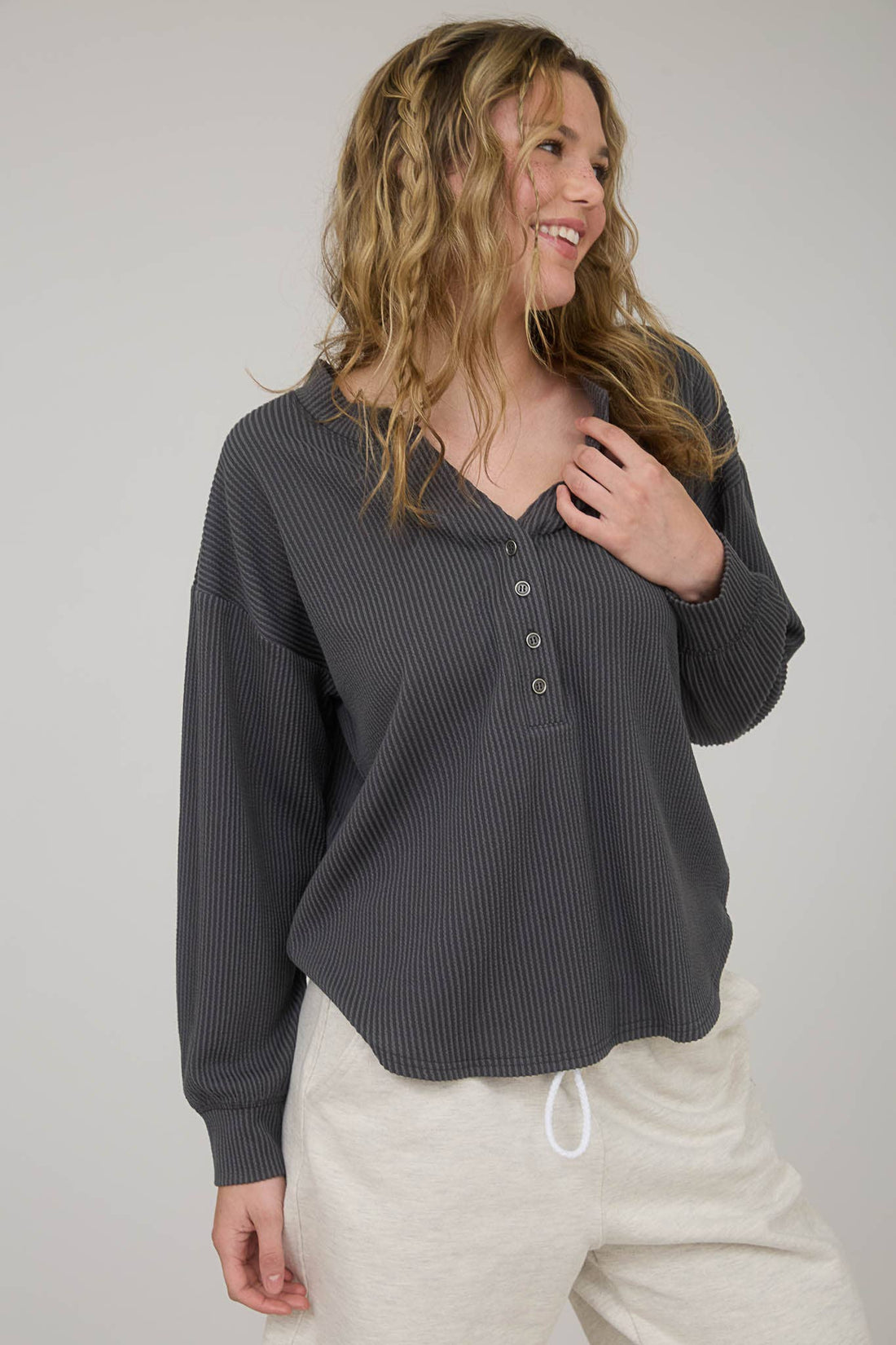 Washed Ribbed Long Sleeve Knit Top - CHARCOAL