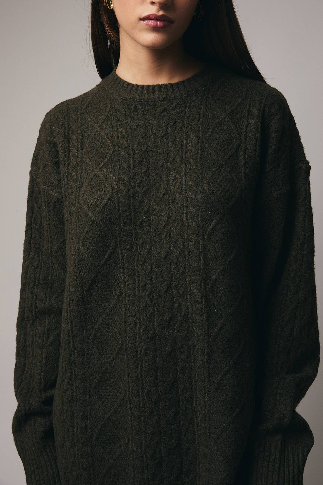 Olive -Round Neck Cable Sweater Dress