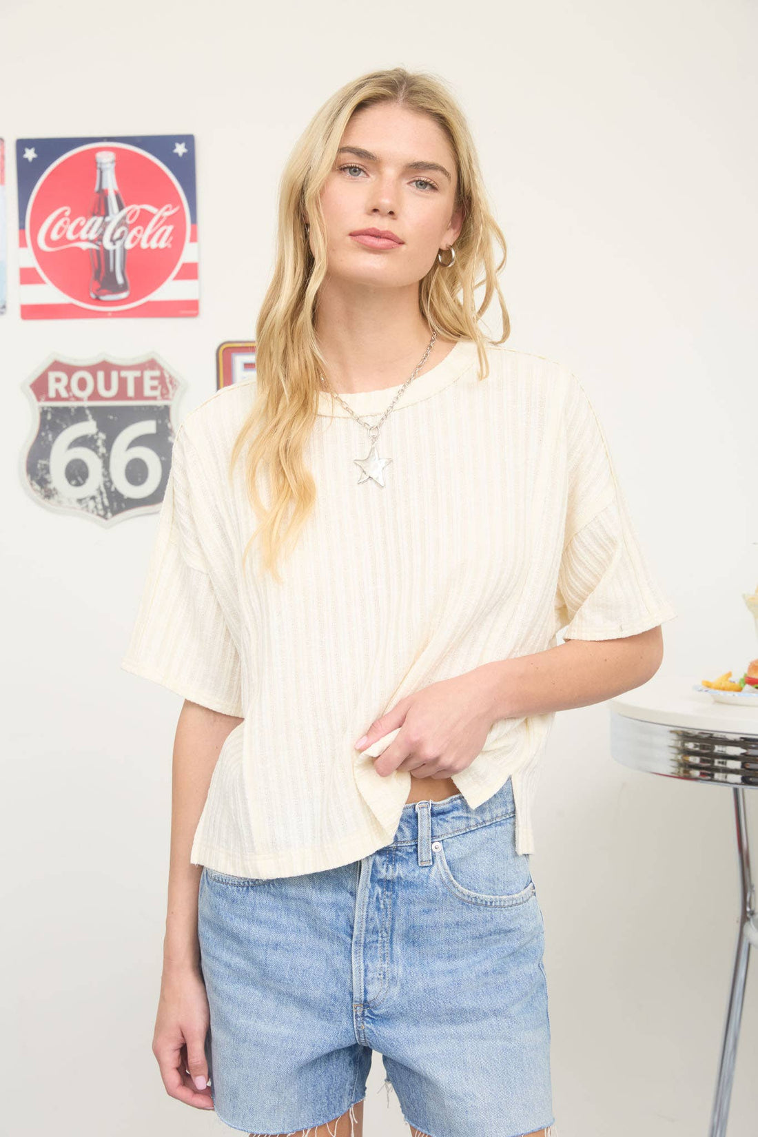 Cream - Ribbed Short Sleeve Back Star Boxy Top