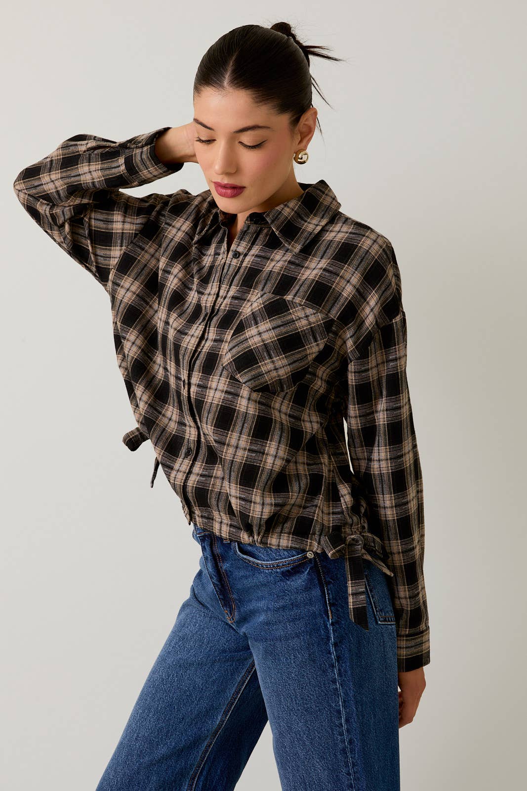 Side Hem Ruching Button Up Plaid Flannel