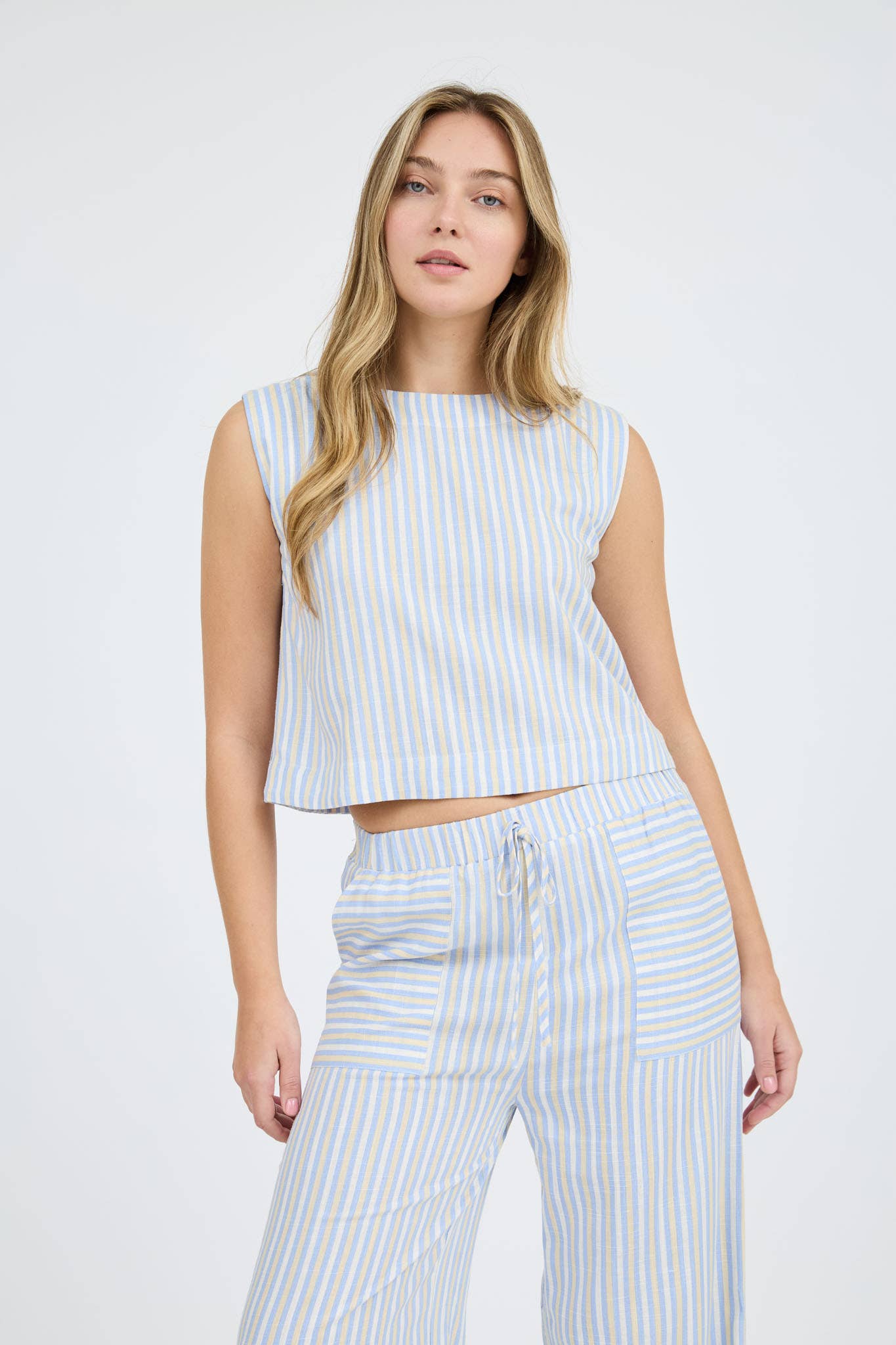 Striped Sleeveless Blouse & Wide Leg Pant Set