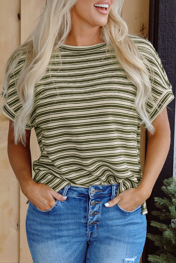 Green Striped Textured Crew Neck Top