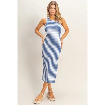 Blue - Striped Ribbed Tank Dress