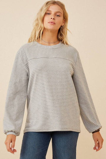 Grey Stripe Blocked Puff Sleeve Knit Top