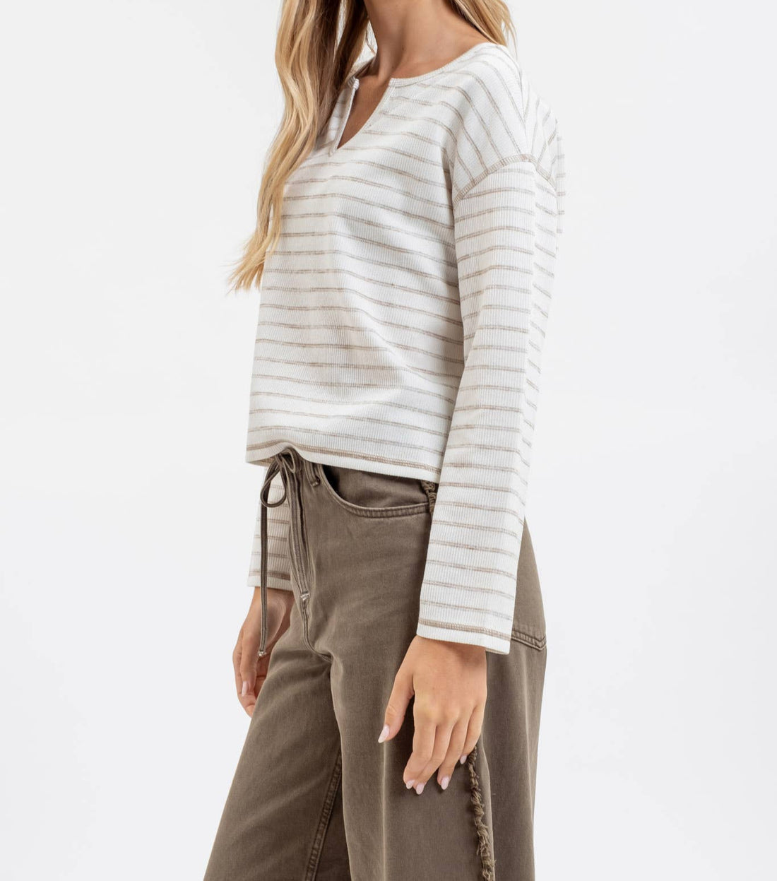 Stripe Split Neck Marled Knit Top