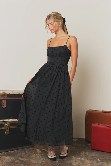 Black Polka Dot Flock Midi Dress