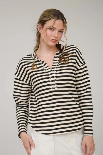 Black Textured Stripe Split Neck Long Sleeve Knit Top