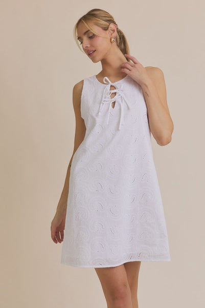 Front Tie Sleeveless Eyelet Dress