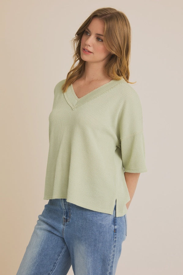 Sage V-Neck Half Sleeve Knit Top