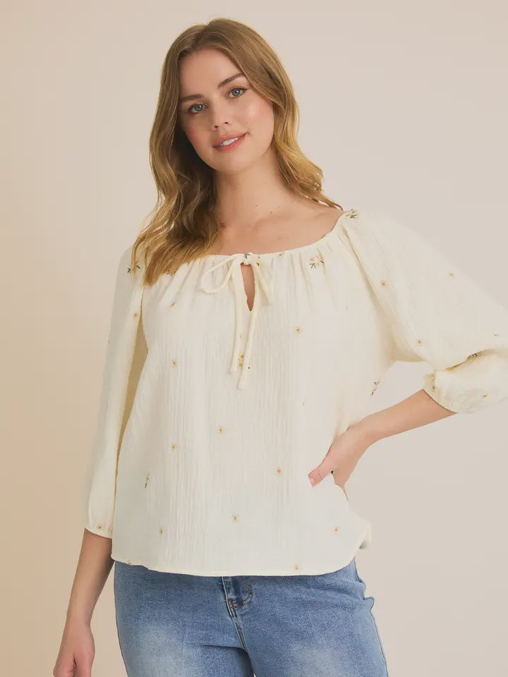 Cream Ivory Floral Round Neck 3/4" Sleeve Tie Top