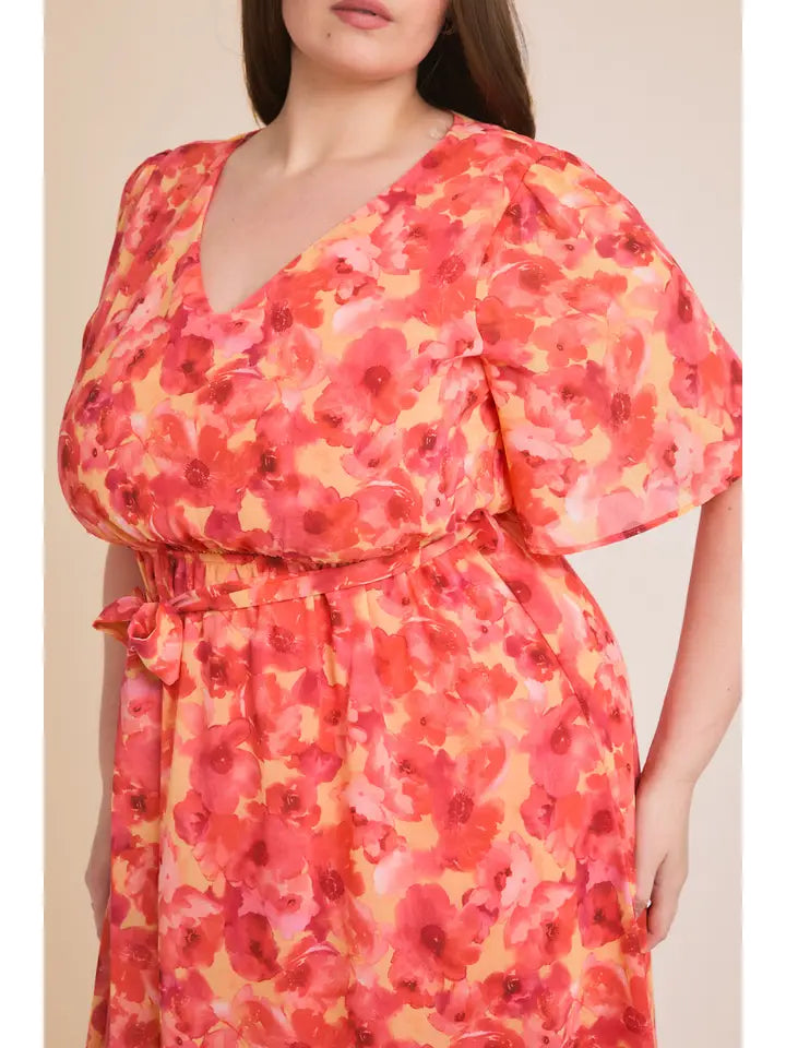 Floral Plus Short Sleeve Waist Tie Dress