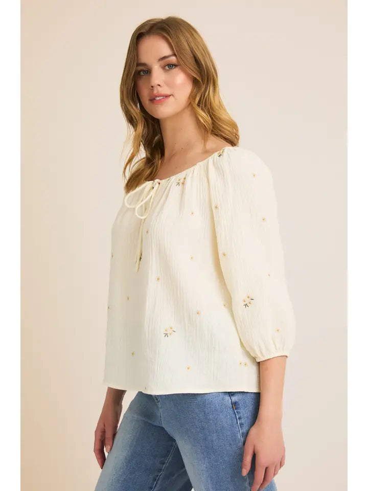 Cream Ivory Floral Round Neck 3/4" Sleeve Tie Top