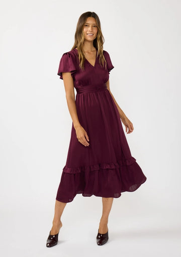 Merlot - Flutter Sleeve V-Neck Midi Dress