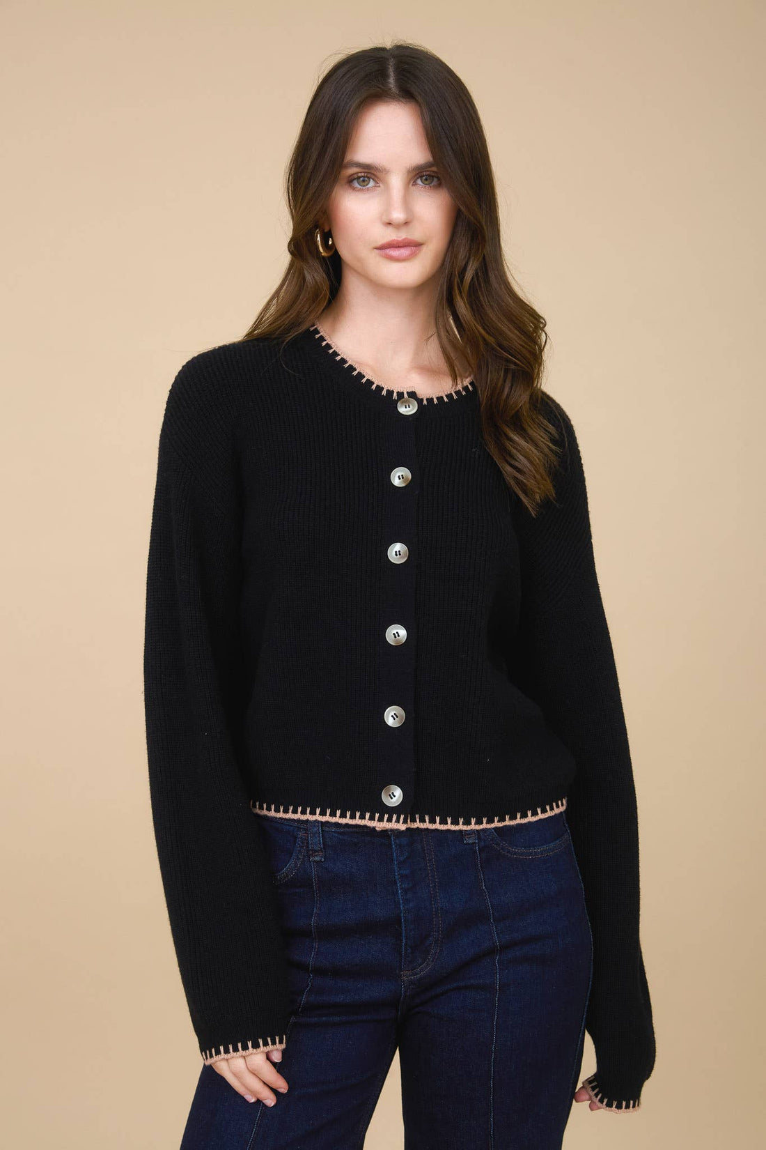 Contrast Stitch Trim Button Cardigan