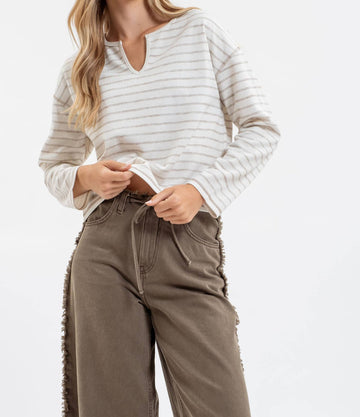 Stripe Split Neck Marled Knit Top