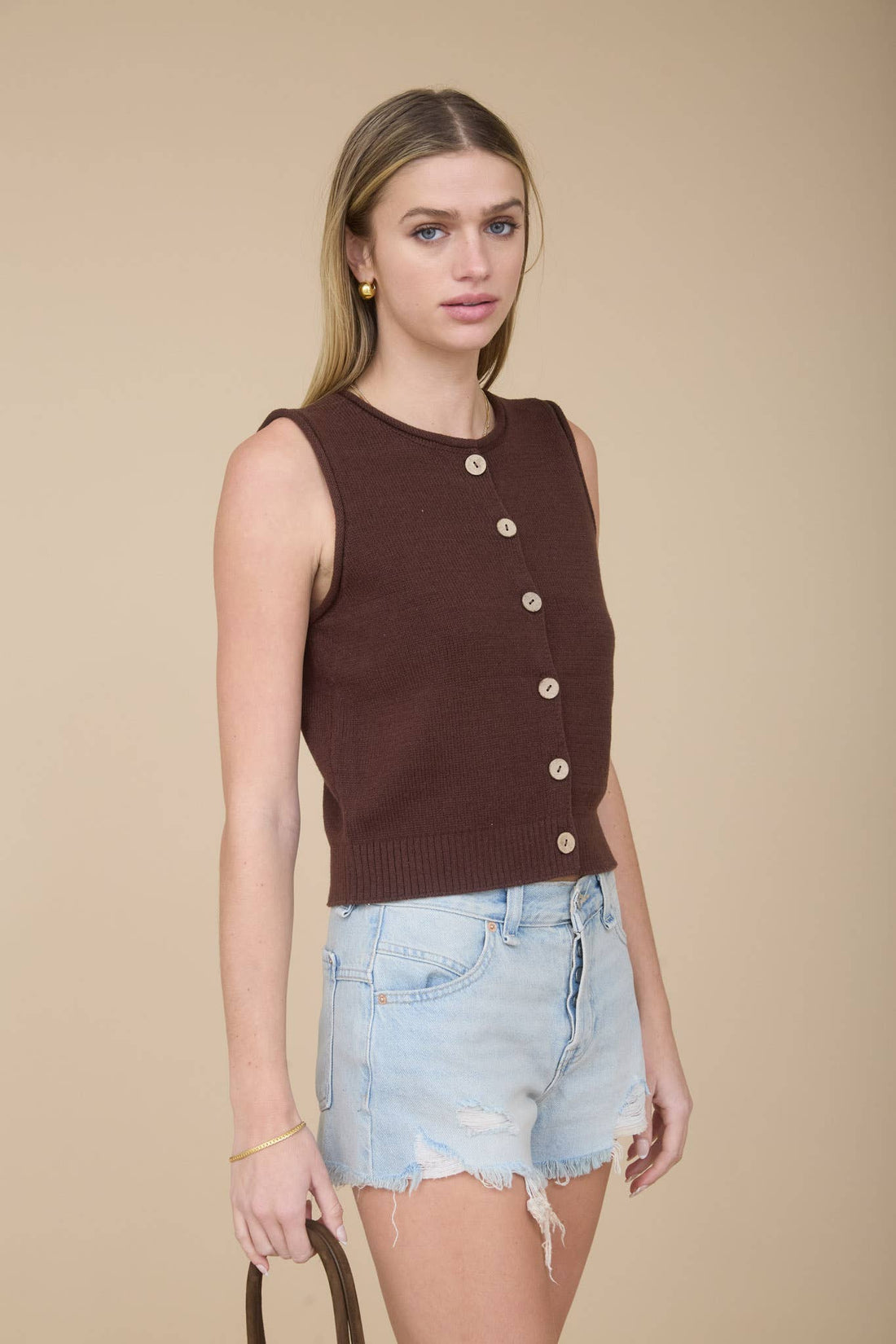 Brown - Raw Edge Button Down Knit Vest Top