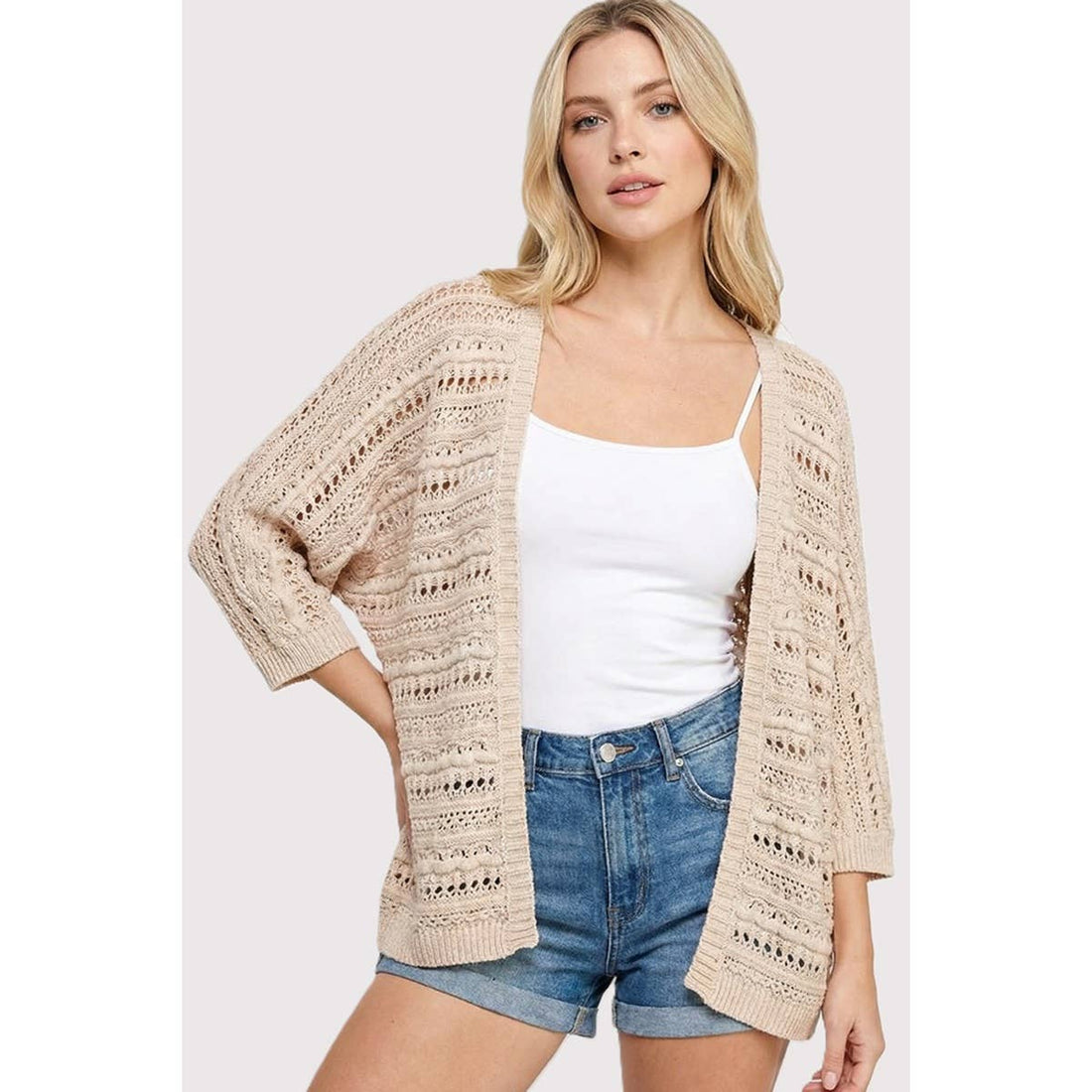 Natural - Open Front Crochet Cardigan