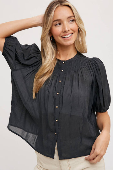 Ruched Neck Button Down Bubble Blouse