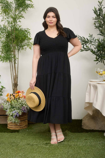 PLUS/ Black Flutter Sleeve Smocked Midi Dress