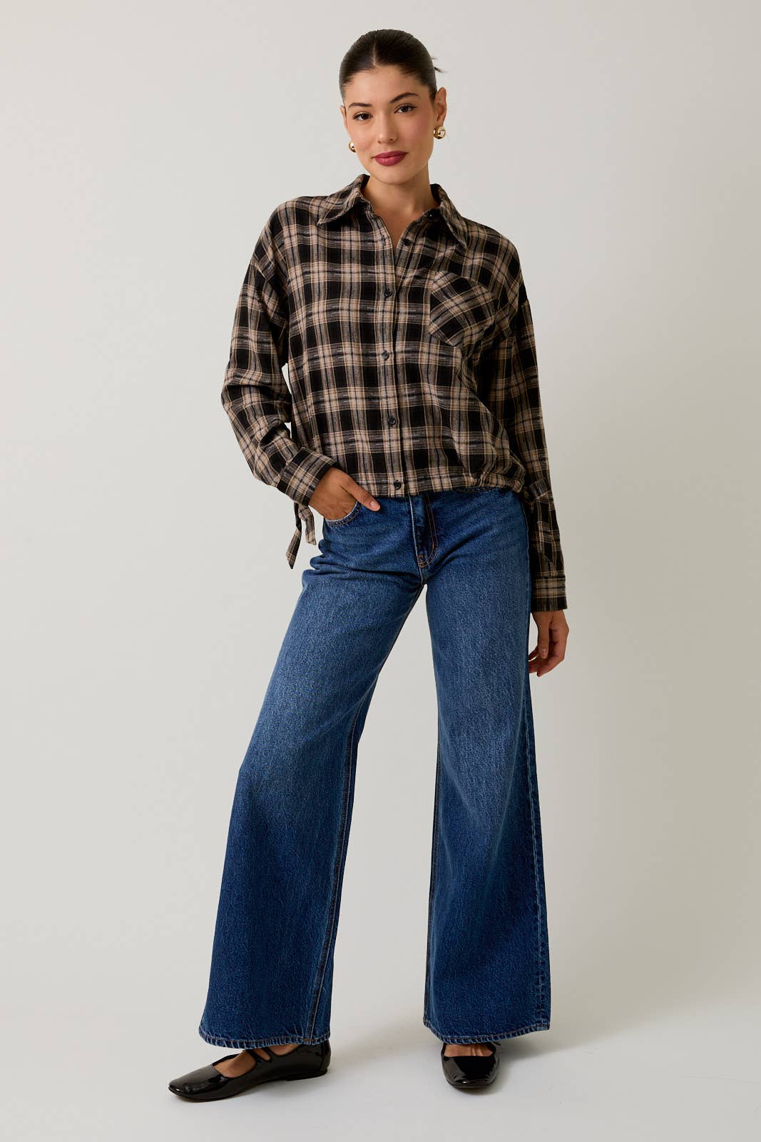 Side Hem Ruching Button Up Plaid Flannel