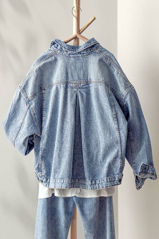 Oversized Button Up Back Pleat Western Denim Jacket