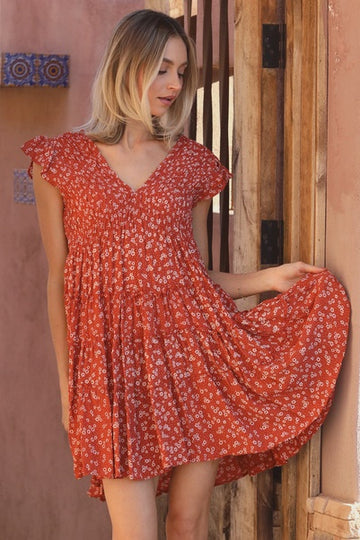 Rust V-Neck Smocked Ruffle Trim Dress
