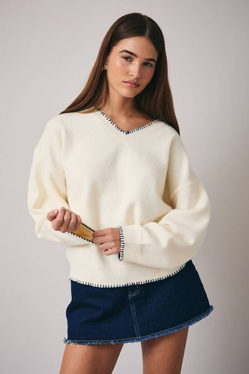 White Navy Stitched Detail Sweater Top