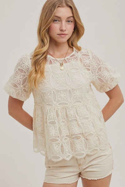 Sheer Crochet Baby Doll Top with Lining