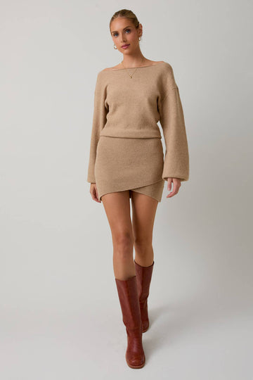Tan Boat Neck Sweater Dress