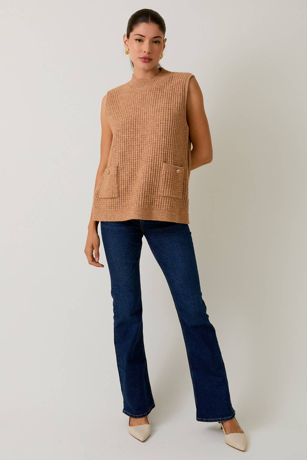 Beige - Mock Neck Sleeveless Oversized Vest