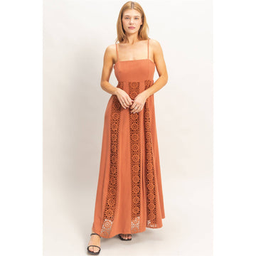 Terracotta Woven Lace Trim Maxi Dress