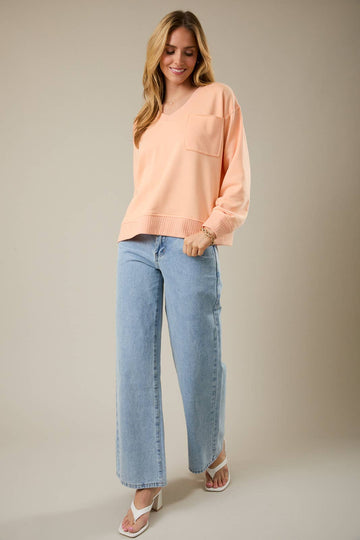 Apricot V Neck Pocket Knit Top