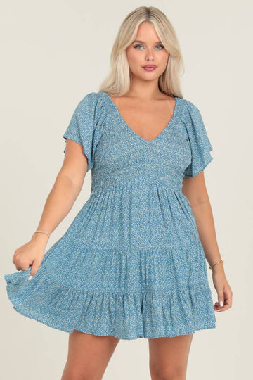 Blue Floral Smocked Bodice Dress