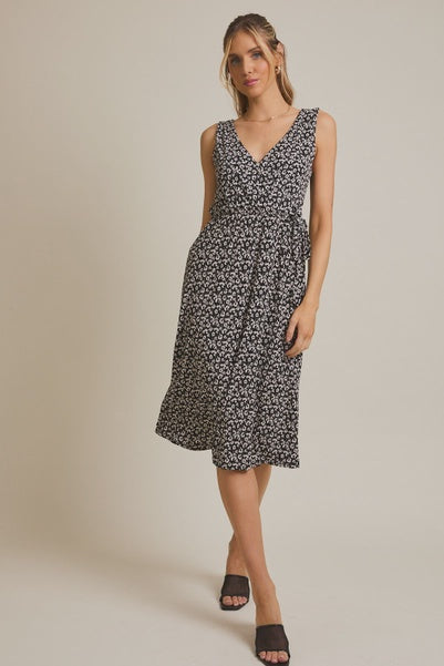 Sleeveless Faux Wrap Side Tie Midi Dress