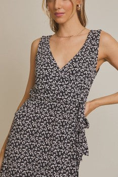 Sleeveless Faux Wrap Side Tie Midi Dress