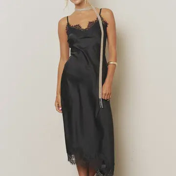 Black Satin Lace Trim Midi Dress