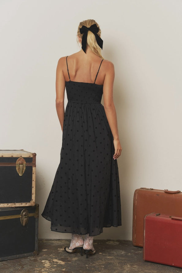 Black Polka Dot Flock Midi Dress