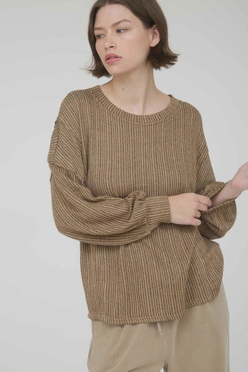 Brown Marled Long Sleeve Ribbed Knit Top