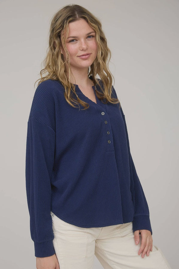 Washed Ribbed Long Sleeve Knit Top - NAVY