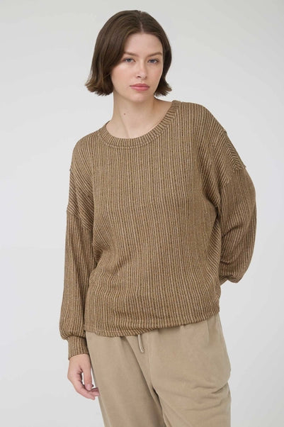 Brown Marled Long Sleeve Ribbed Knit Top