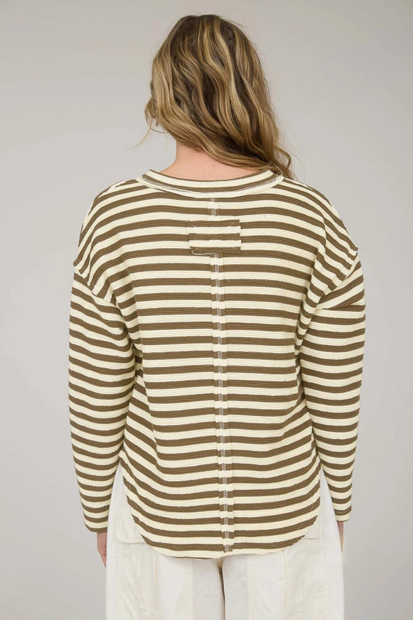 Camel Textured Stripe Split Neck Long Sleeve Knit Top