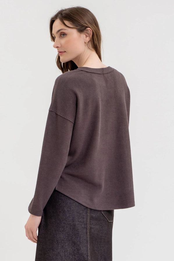 Charcoal Half Button V Neck Long Sleeve Knit Top