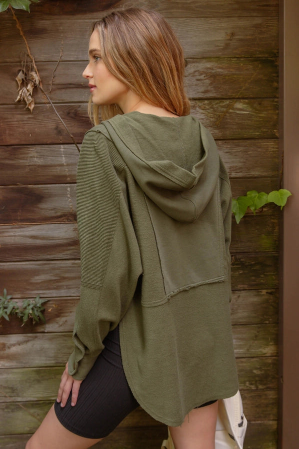 Olive Exposed Seam Half Button Hooded Knit top