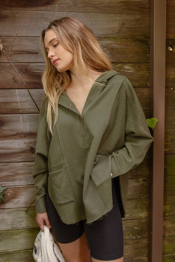 Olive Exposed Seam Half Button Hooded Knit top