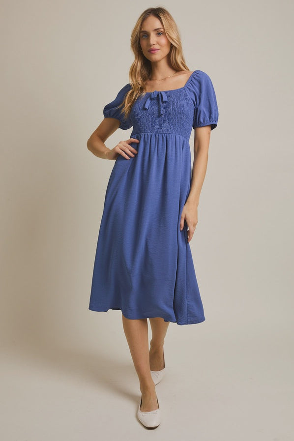 Blue Short Sleeve Puff Detail Bow Dress