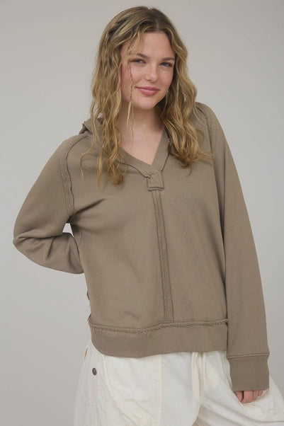 Light Mocha Hooded V Neck Raw Edge Knit Top