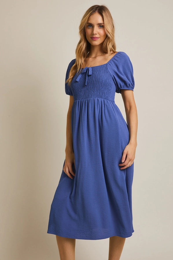 Blue Short Sleeve Puff Detail Bow Dress