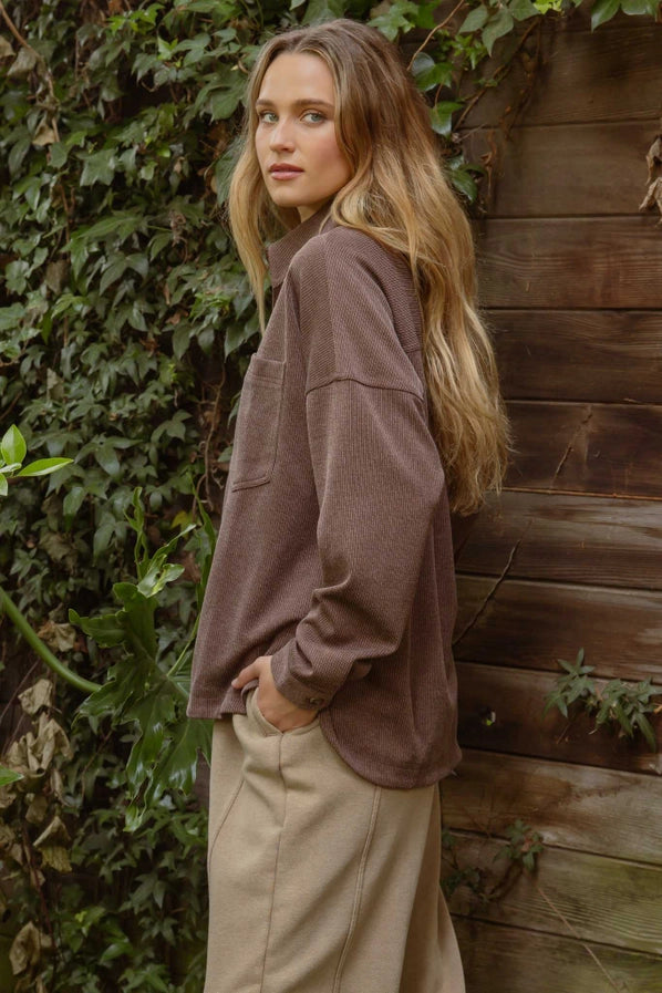 Brown Oversized Pinstripe Collared Button Down Shacket