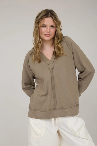 Light Mocha Hooded V Neck Raw Edge Knit Top